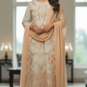 Peach Serenity: Embroidered Silk Linen Suit