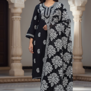 Black and White Embroidered Three-Piece