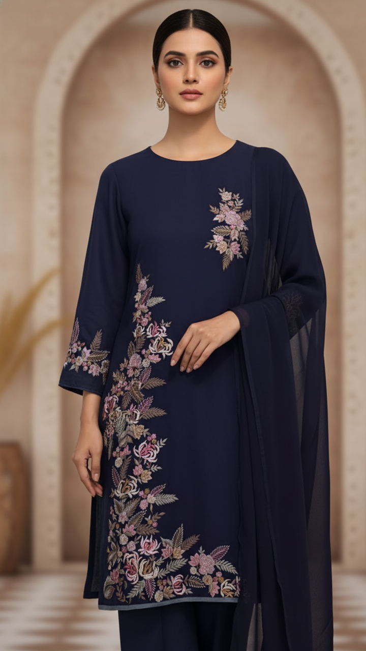 Elegant Navy Blue Embroidered Suit