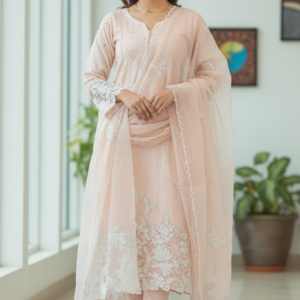 Peach Blossom: Chikankari Cotton Suit with Shaded Chiffon Dupatta