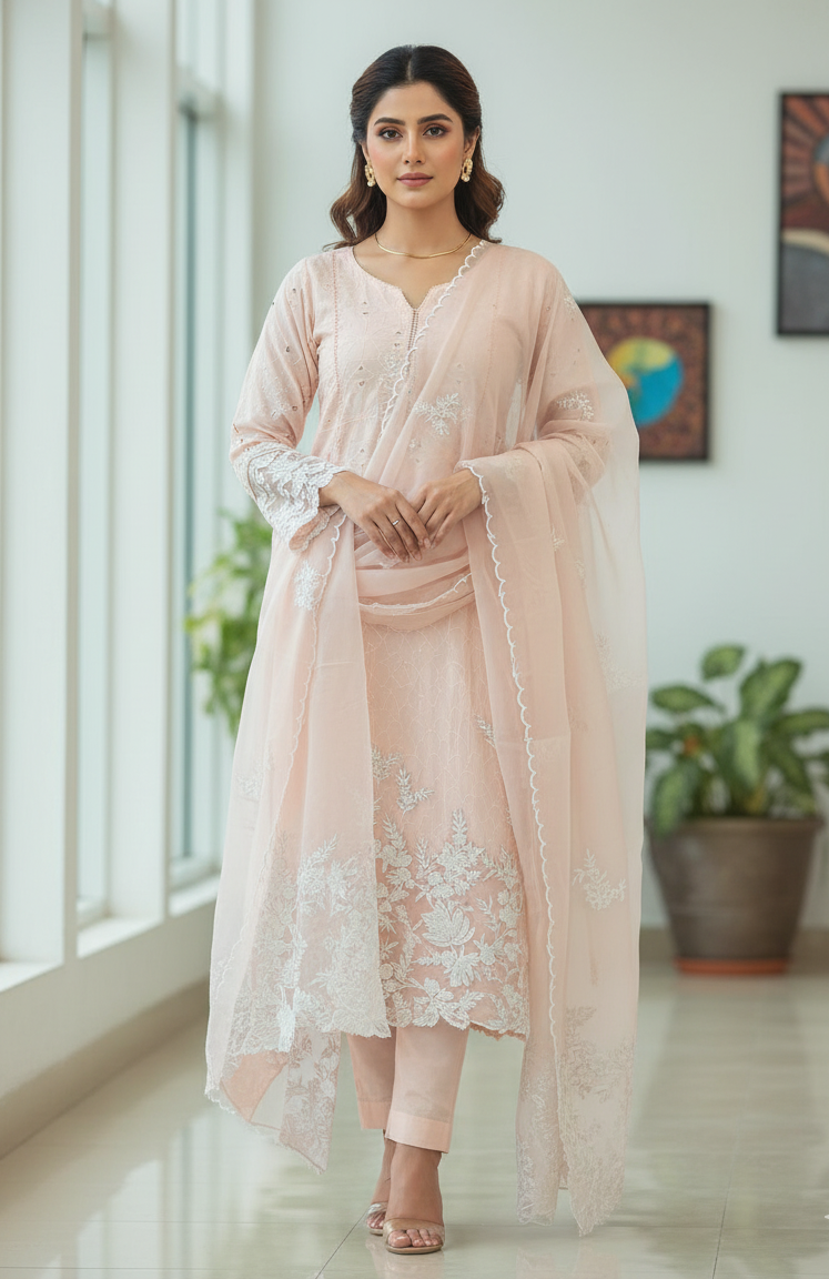 Peach Blossom: Chikankari Cotton Suit with Shaded Chiffon Dupatta