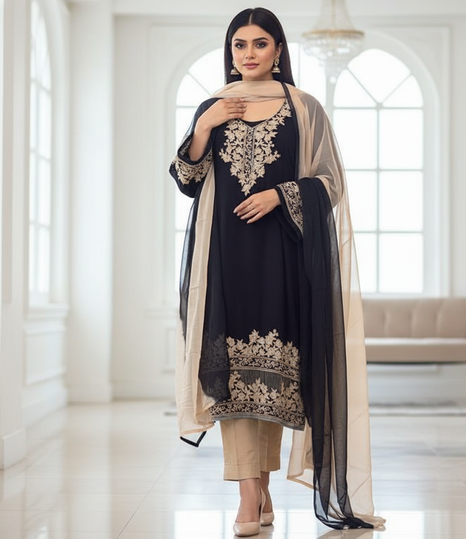 Golden Noir: Embroidered Silk Linen Suit