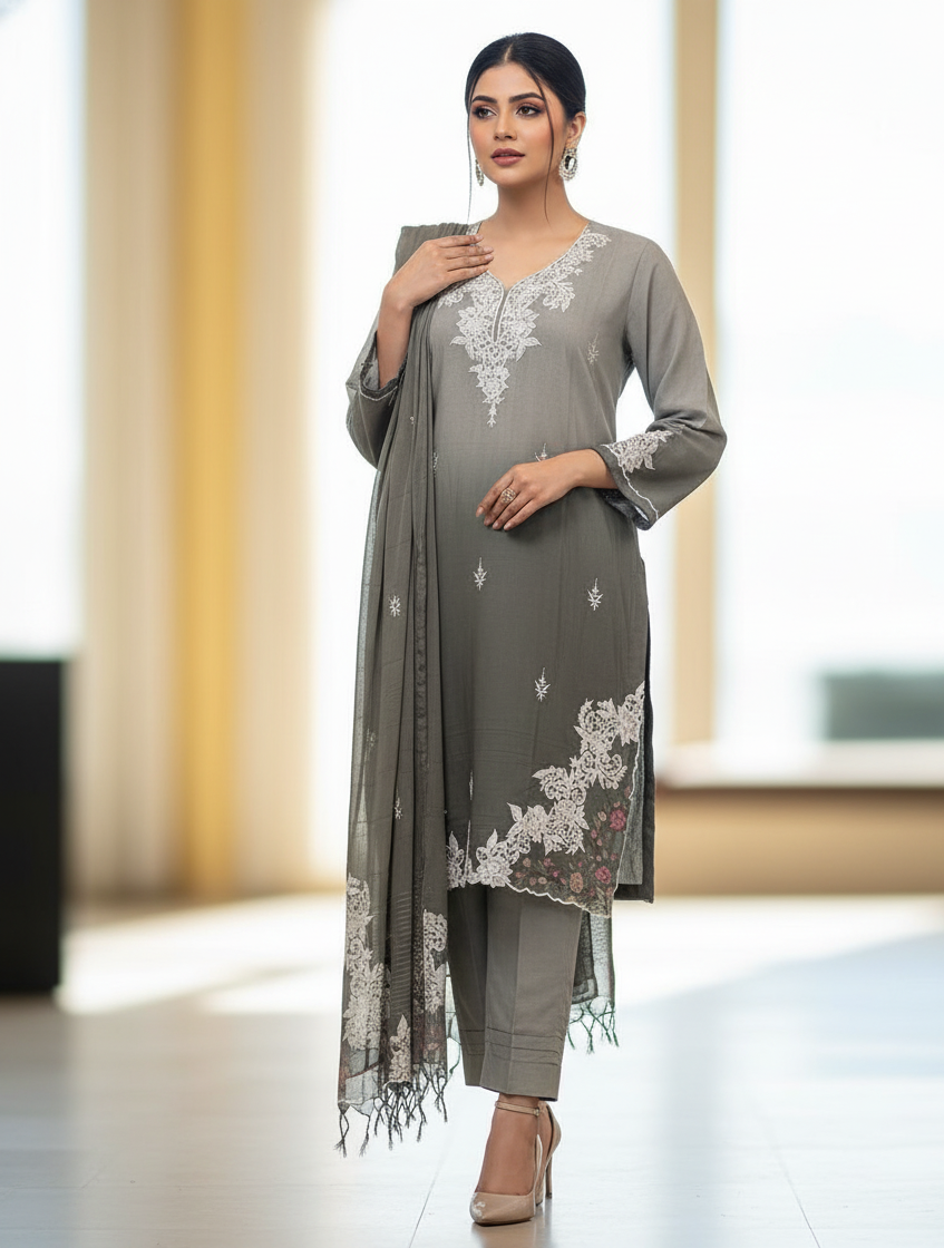 Sage Bloom: Embroidered Silk Linen Suit with Cotton Dupatta