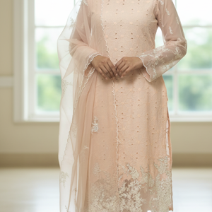 Peach Lace Dream: Embroidered Muslin & Cotton Suit