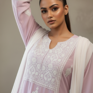 Lilac Whisper: Chikankari Embroidered Silk Linen Suit