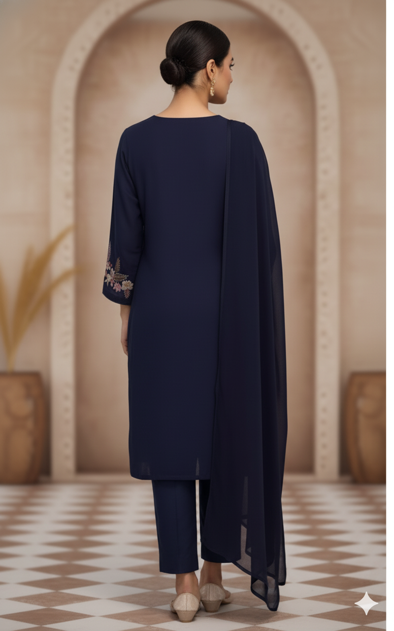 Elegant Navy Blue Embroidered Suit - Image 2