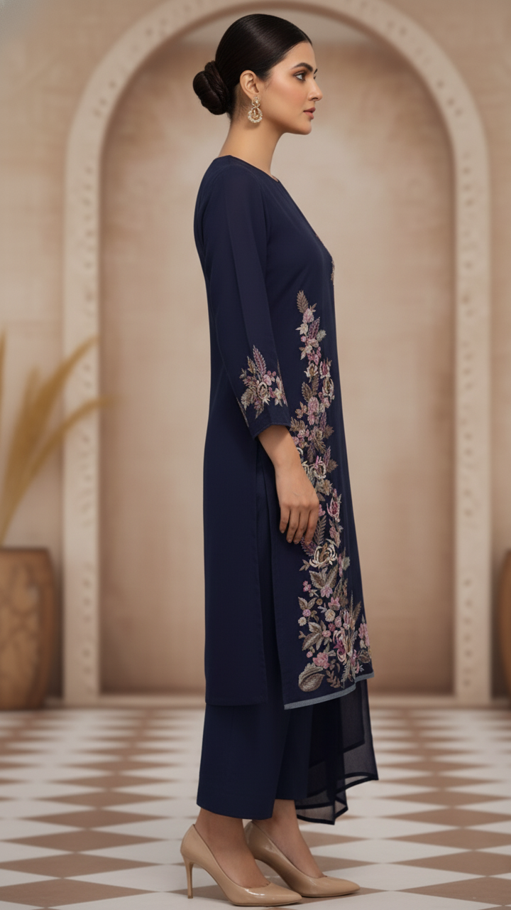 Elegant Navy Blue Embroidered Suit - Image 3