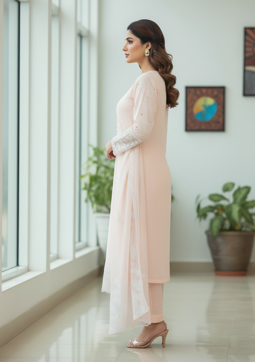 Peach Blossom: Chikankari Cotton Suit with Shaded Chiffon Dupatta - Image 3