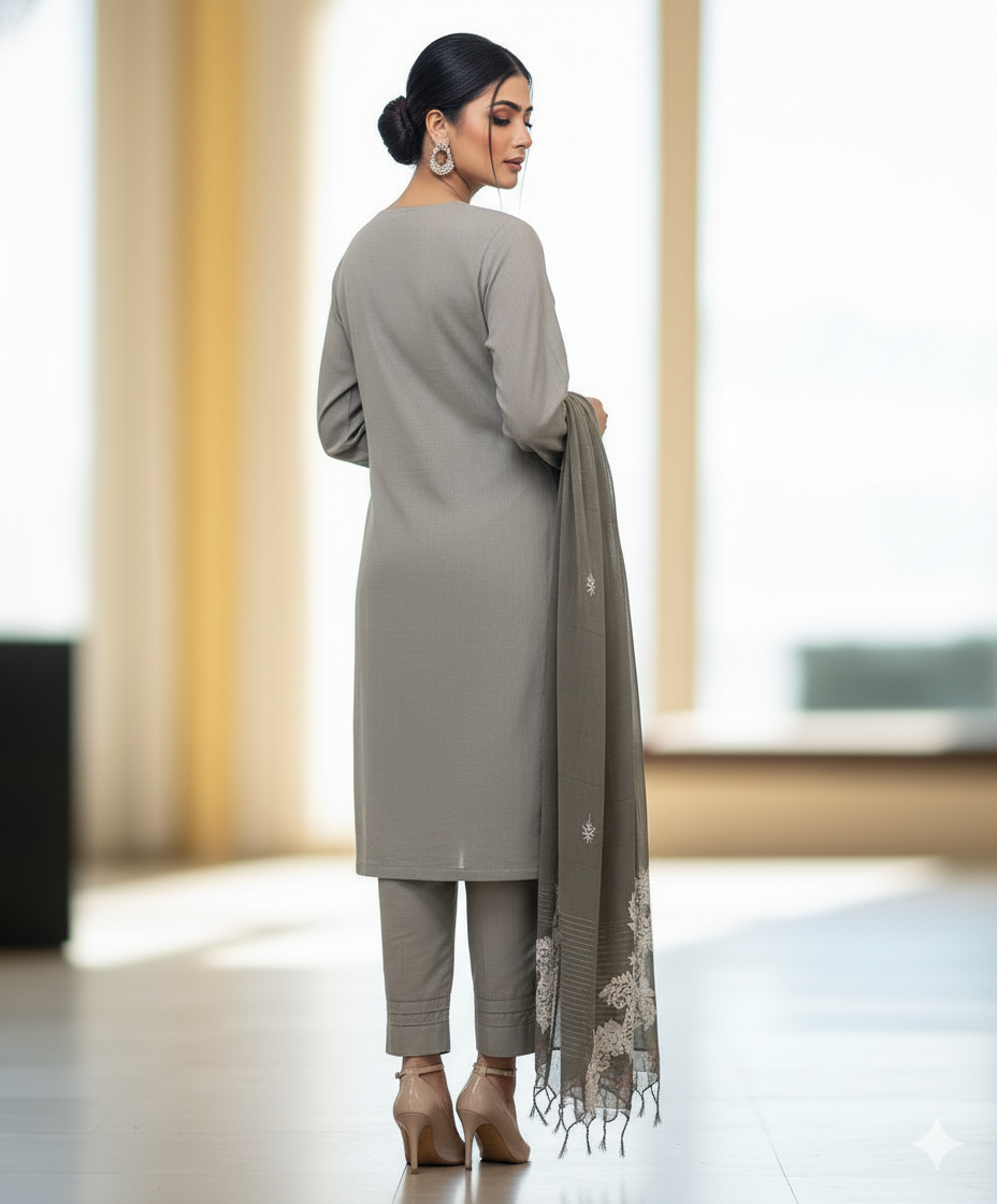 Sage Bloom: Embroidered Silk Linen Suit with Cotton Dupatta - Image 3