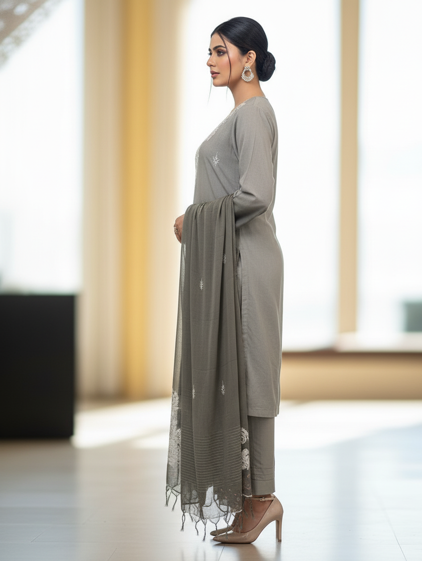 Sage Bloom: Embroidered Silk Linen Suit with Cotton Dupatta - Image 2