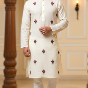 Imperial Ivory Maroon-Motif Muslin Panjabi