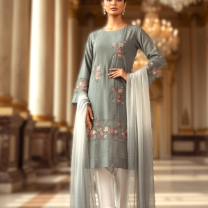 Slate Grey Chikankari Muslin Fusion