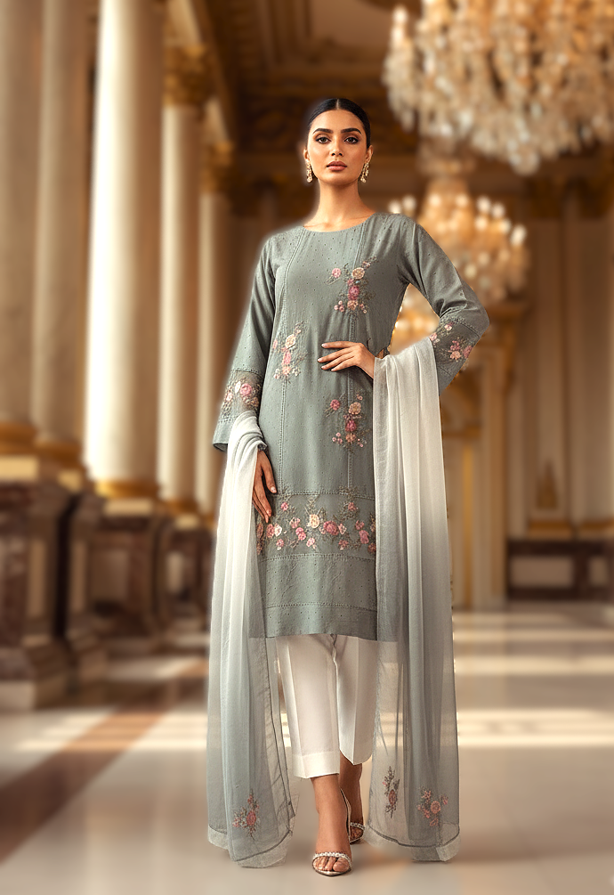 Slate Grey Chikankari Muslin Fusion