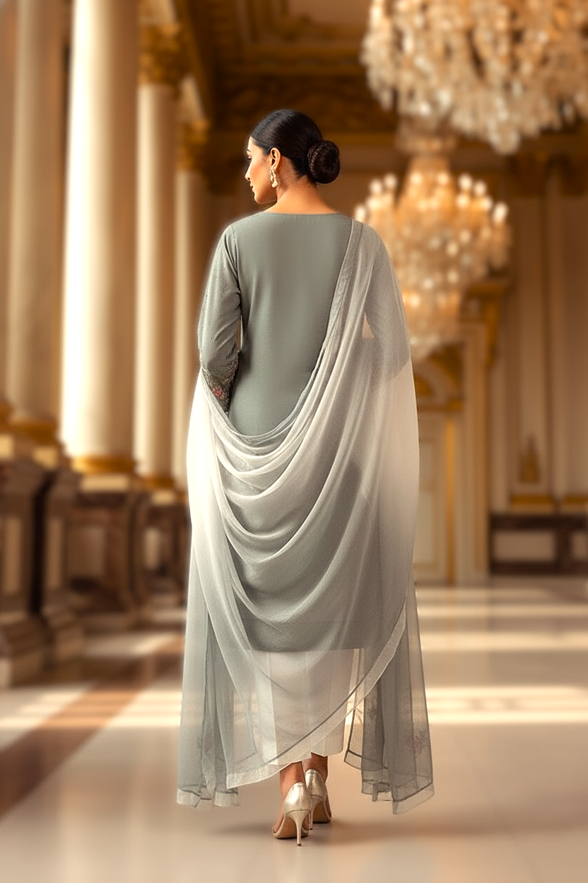 Slate Grey Chikankari Muslin Fusion - Image 3