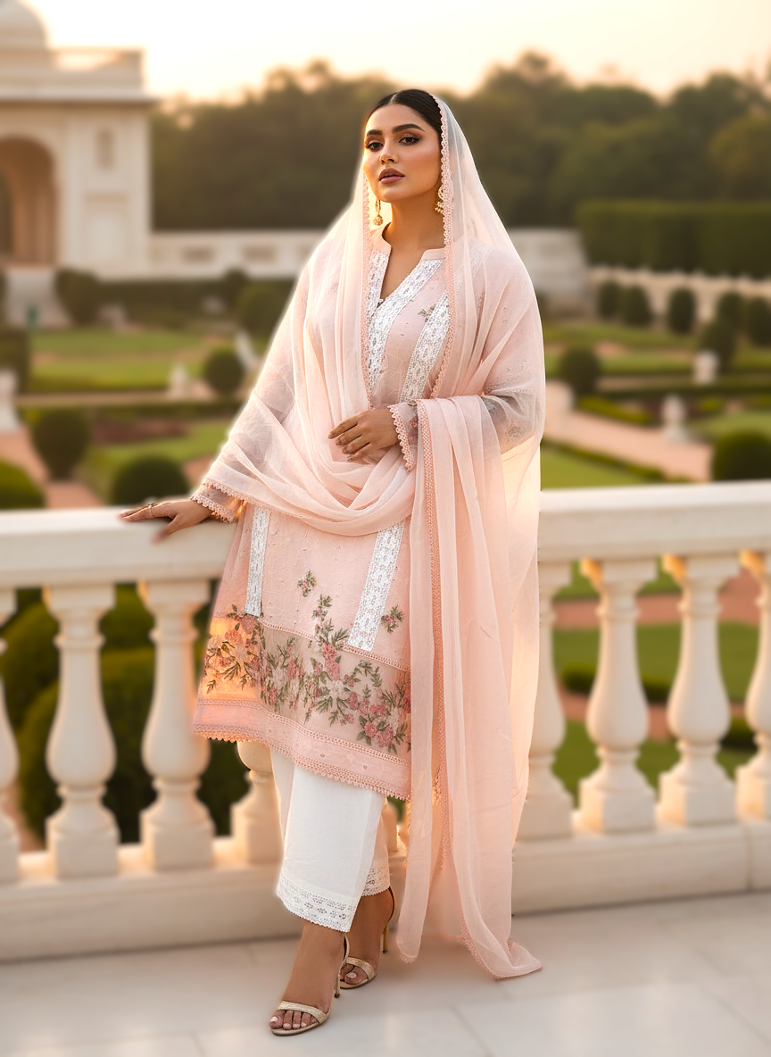 Peach Sorbet Chikan-Muslin Suite