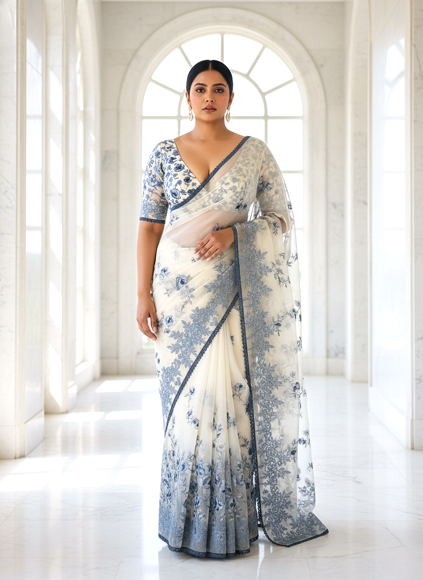 Azure Bloom Ivory Muslin