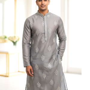 Silver Mist Embroidered Muslin Panjabi