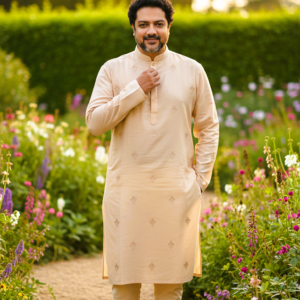 Champagne Sand Embroidered Muslin Panjabi