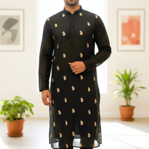Midnight Obsidian Gold Muslin Panjabi