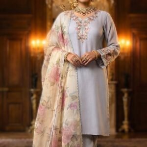 Exclusive Maslin Cotton 3-Piece Suite with Artistic Hand-Painted Maslin Dupatta