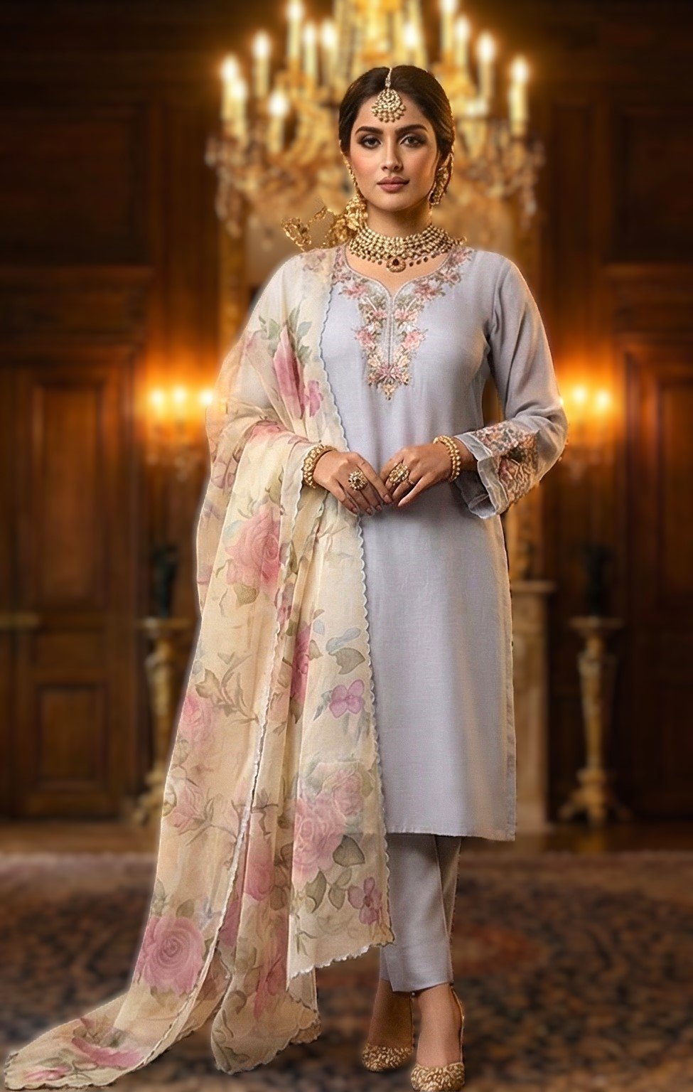 Exclusive Maslin Cotton 3-Piece Suite with Artistic Hand-Painted Maslin Dupatta