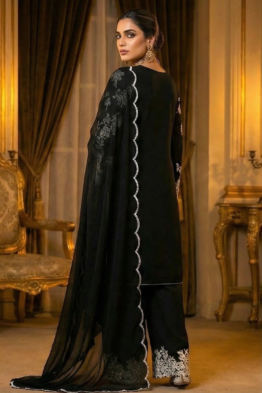 Exclusive Black Maslin Cotton 3-Piece Suite with Intricate White Floral Embroidery - Image 2