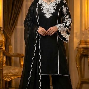 Exclusive Black Maslin Cotton 3-Piece Suite with Intricate White Floral Embroidery