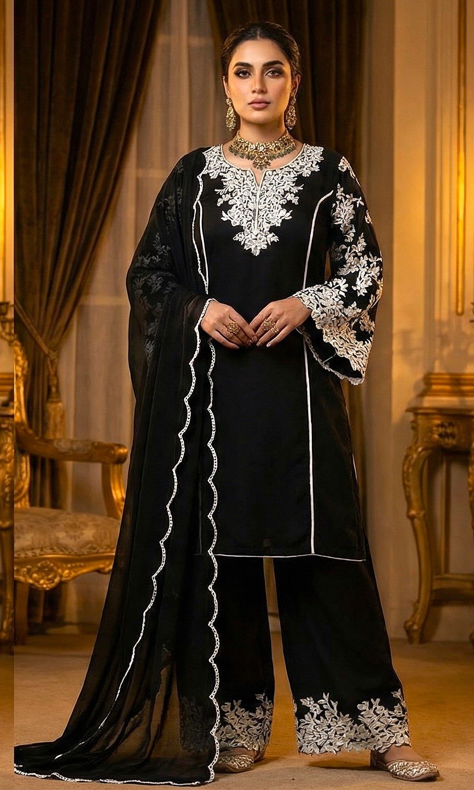 Exclusive Black Maslin Cotton 3-Piece Suite with Intricate White Floral Embroidery