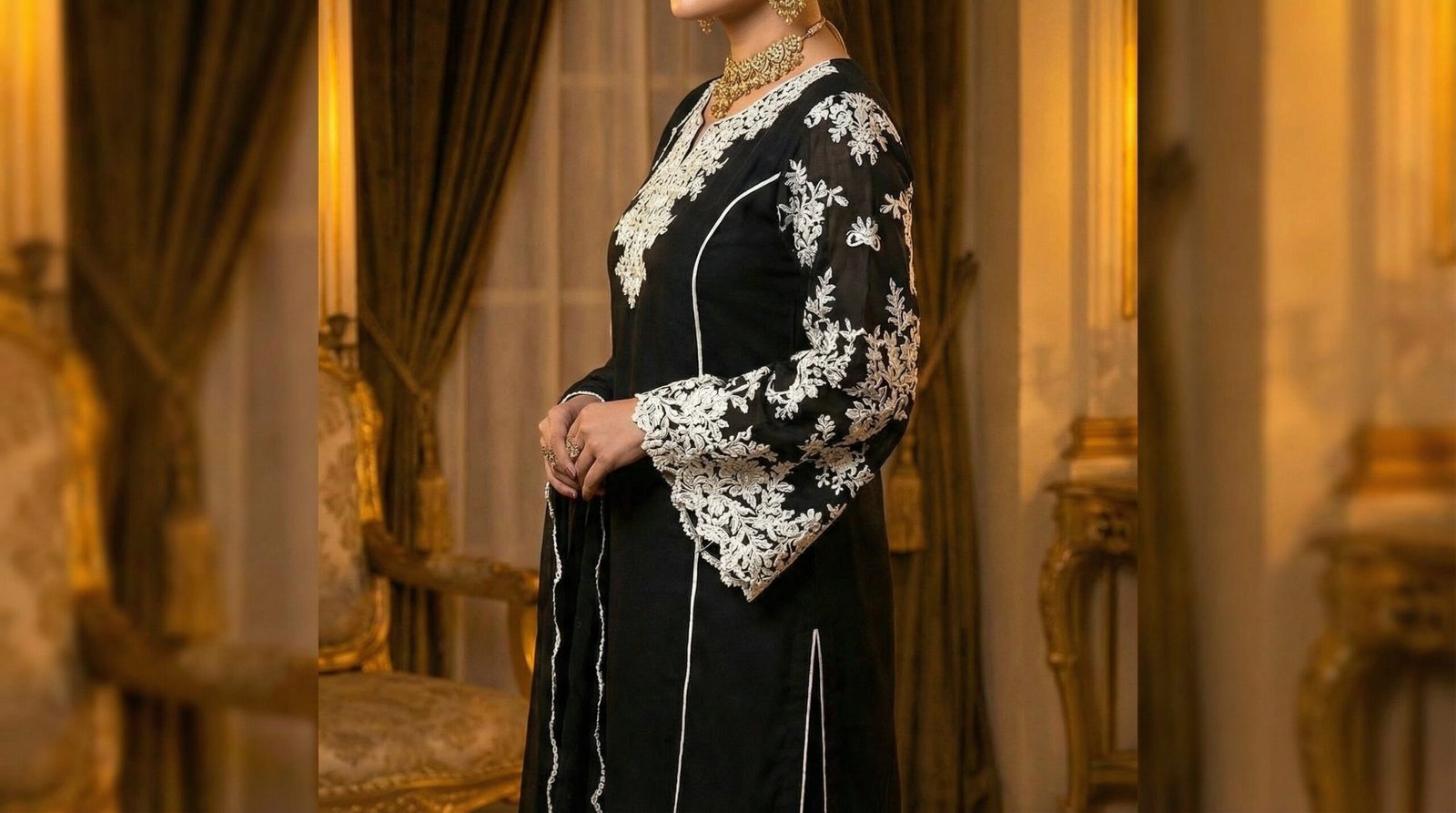 Exclusive Black Maslin Cotton 3-Piece Suite with Intricate White Floral Embroidery - Image 4