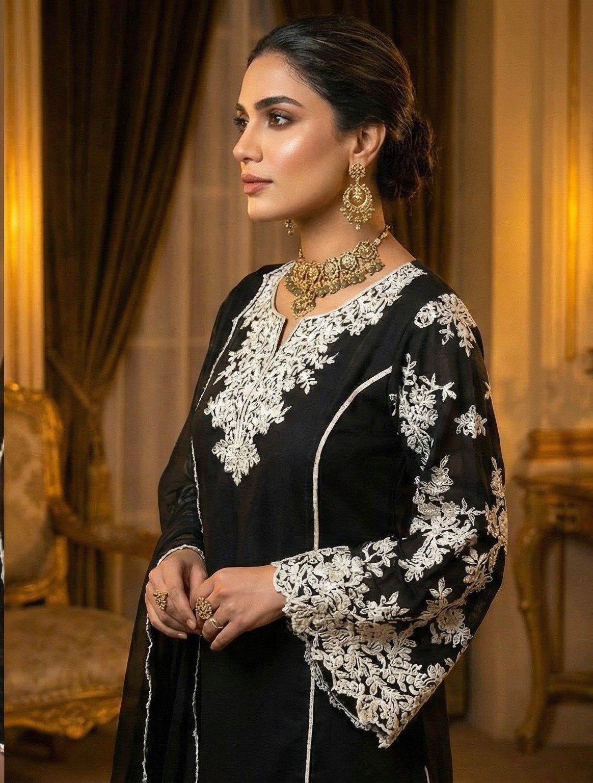 Exclusive Black Maslin Cotton 3-Piece Suite with Intricate White Floral Embroidery - Image 3