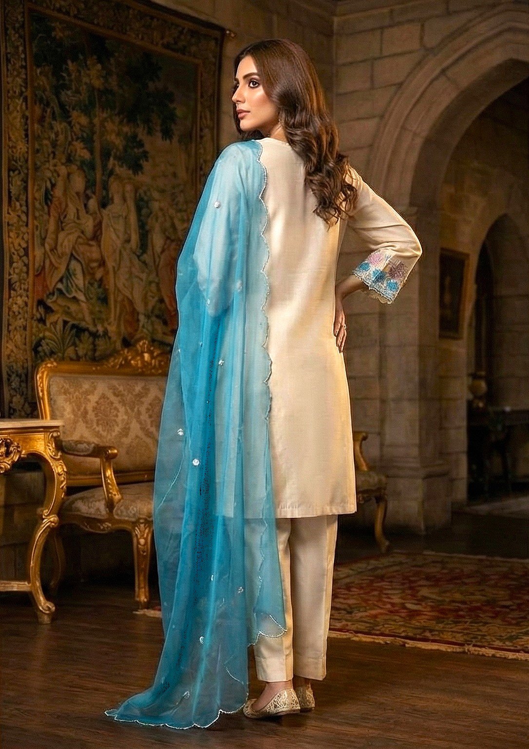 Elegant White Maslin Cotton 3-Piece Suite with Sky Blue Embroidery & Scalloped Dupatta - Image 2