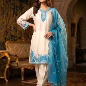 Elegant White Maslin Cotton 3-Piece Suite with Sky Blue Embroidery & Scalloped Dupatta