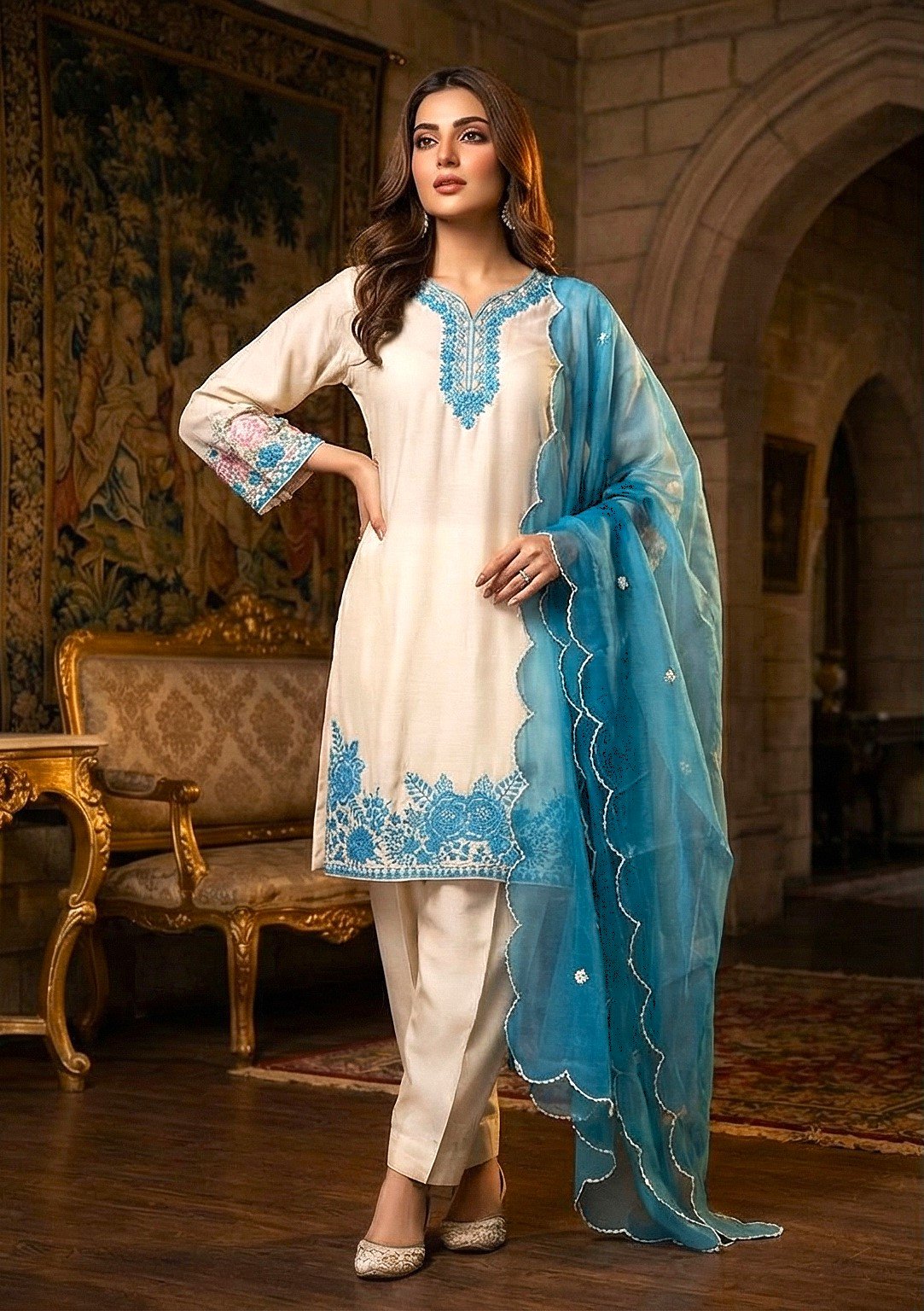 Elegant White Maslin Cotton 3-Piece Suite with Sky Blue Embroidery & Scalloped Dupatta