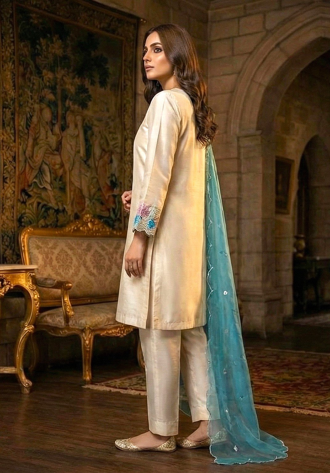 Elegant White Maslin Cotton 3-Piece Suite with Sky Blue Embroidery & Scalloped Dupatta - Image 3