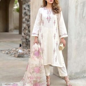 Elegant Off-White 100 Cotton Muslin 3-Piece Suite with Purple Floral Embroidery