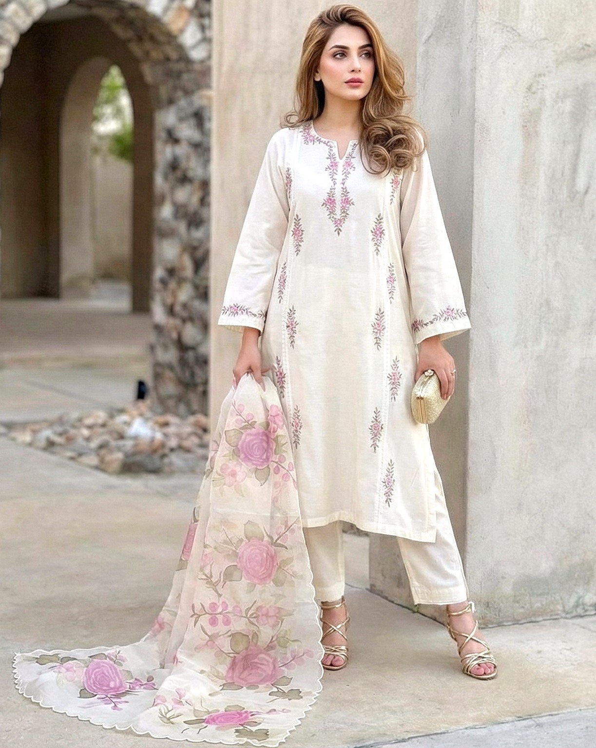 Elegant Off-White 100 Cotton Muslin 3-Piece Suite with Purple Floral Embroidery