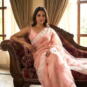 Exclusive Peach Tie-Dye Muslin Saree with Intricate Floral Embroidery - Bangladeshi Muslin Saree Online