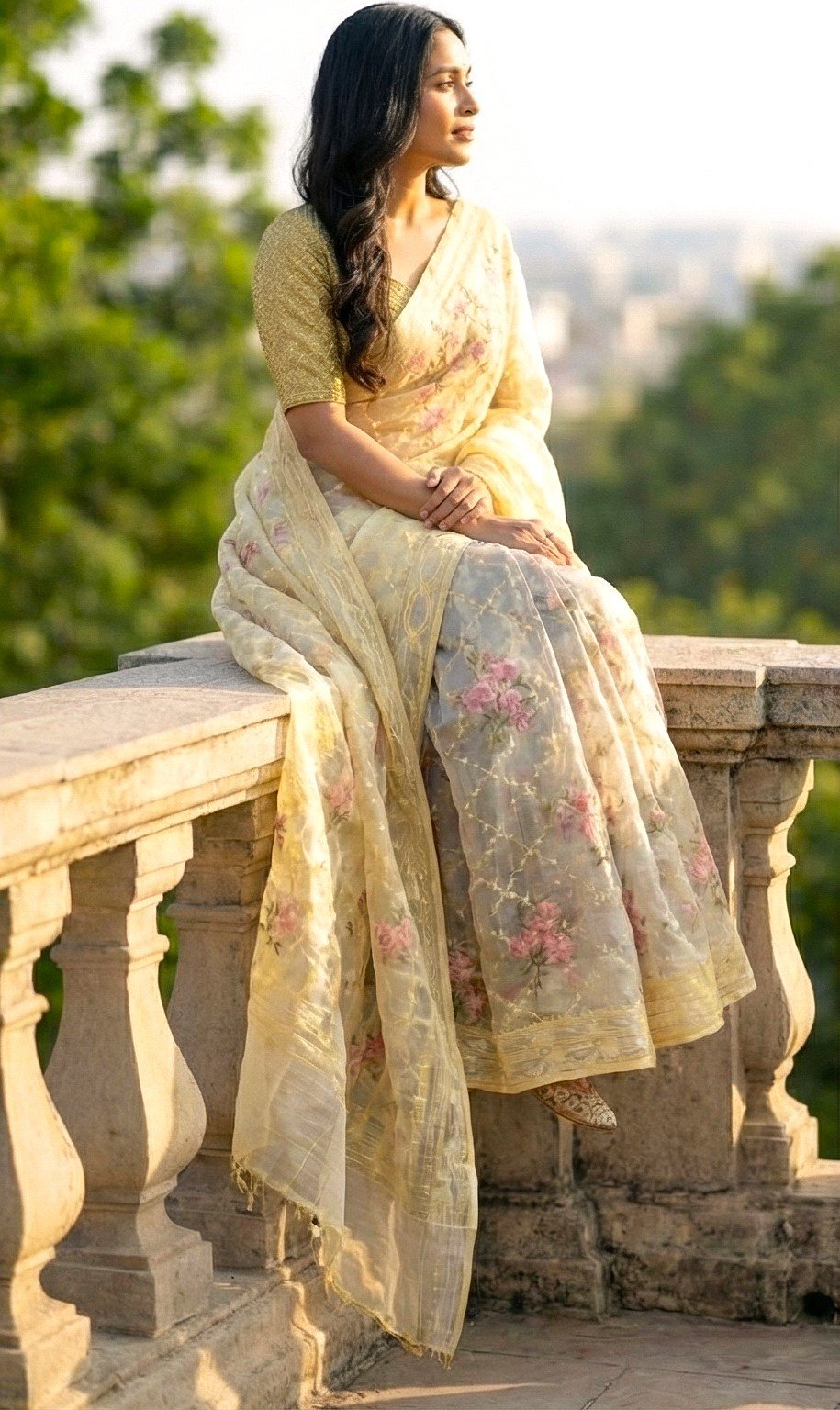 Lemon Yellow Premium Saree with Pink Floral Embroidery - Elegant Dhakai Jamdani Look - Image 4