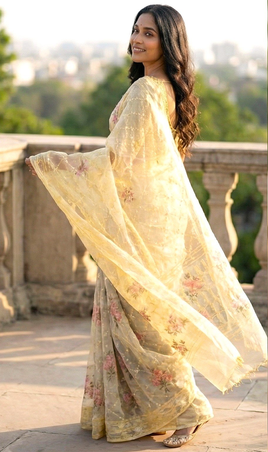 Lemon Yellow Premium Saree with Pink Floral Embroidery - Elegant Dhakai Jamdani Look - Image 3