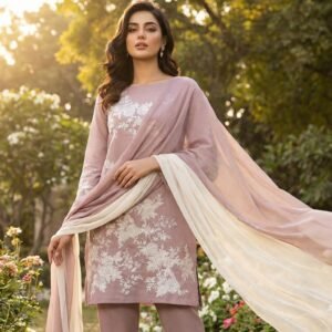 Mauve Meadow – Premium Muslin-Cotton Floral Suite with Shaded Chiffon Dupatta