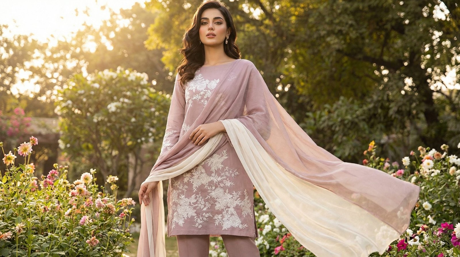 Mauve Meadow – Premium Muslin-Cotton Floral Suite with Shaded Chiffon Dupatta
