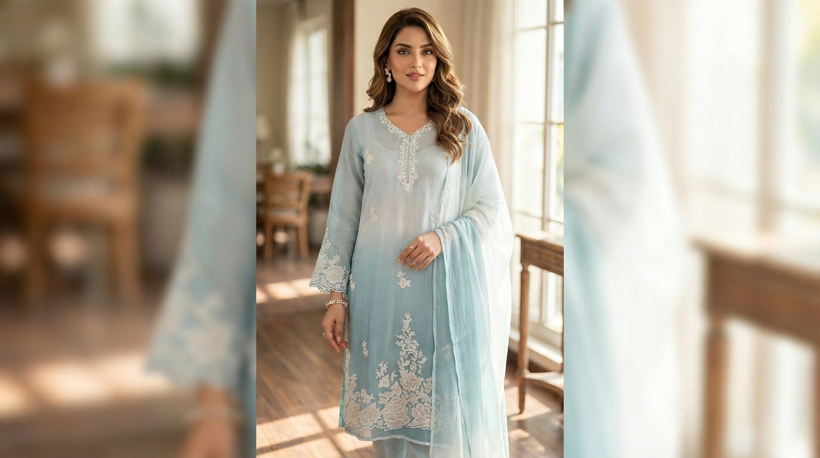 Azure Mist – Premium Muslin-Cotton Ombré Suite with Chiffon Dupatta - Image 3