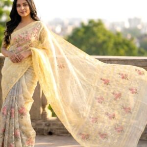 Lemon Yellow Premium Saree with Pink Floral Embroidery - Elegant Dhakai Jamdani Look