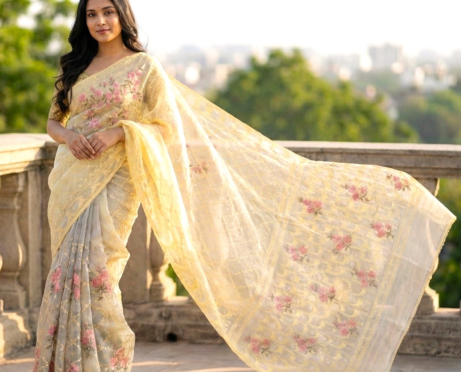 Lemon Yellow Premium Saree with Pink Floral Embroidery - Elegant Dhakai Jamdani Look