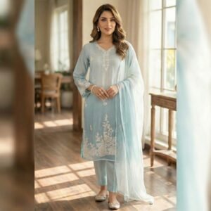 Azure Mist – Premium Muslin-Cotton Ombré Suite with Chiffon Dupatta