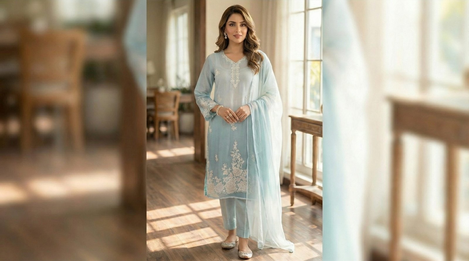 Azure Mist – Premium Muslin-Cotton Ombré Suite with Chiffon Dupatta