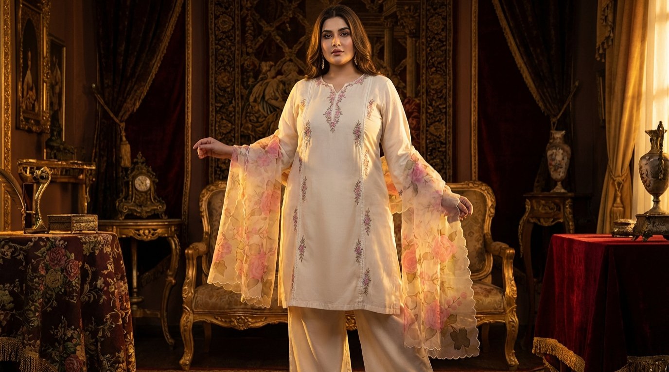 Elegant Off-White 100 Cotton Muslin 3-Piece Suite with Purple Floral Embroidery - Image 4