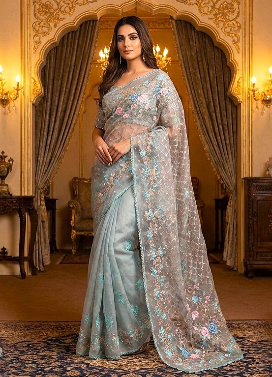 Authentic Sea Green Bangladeshi Muslin Saree Online - Exclusive Floral & Sequin Work