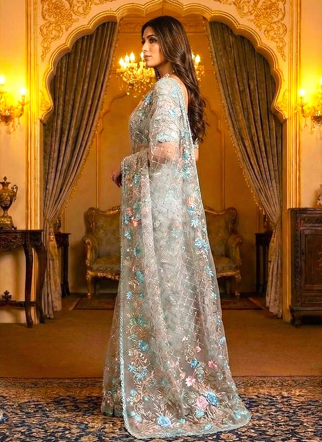 Authentic Sea Green Bangladeshi Muslin Saree Online - Exclusive Floral & Sequin Work - Image 3