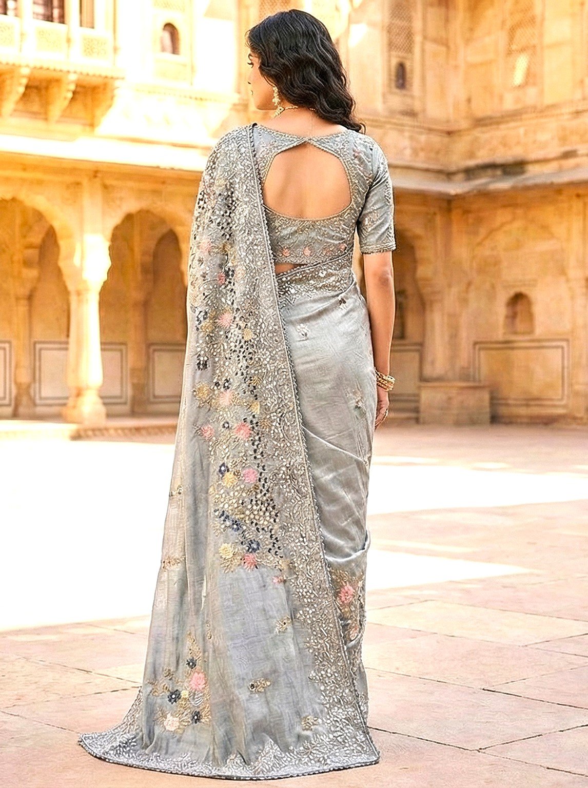Elegant Ash Grey Soft Silk Saree with Intricate Floral Embroidery & Sequin Work - Image 2